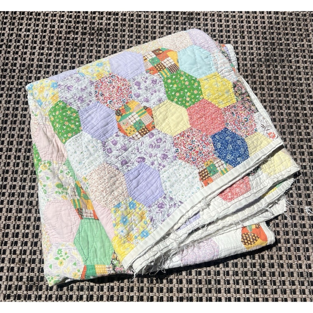 Vintage Hexagon Grandmother's Flower Garden Quilt Hand Made 79" X 77"